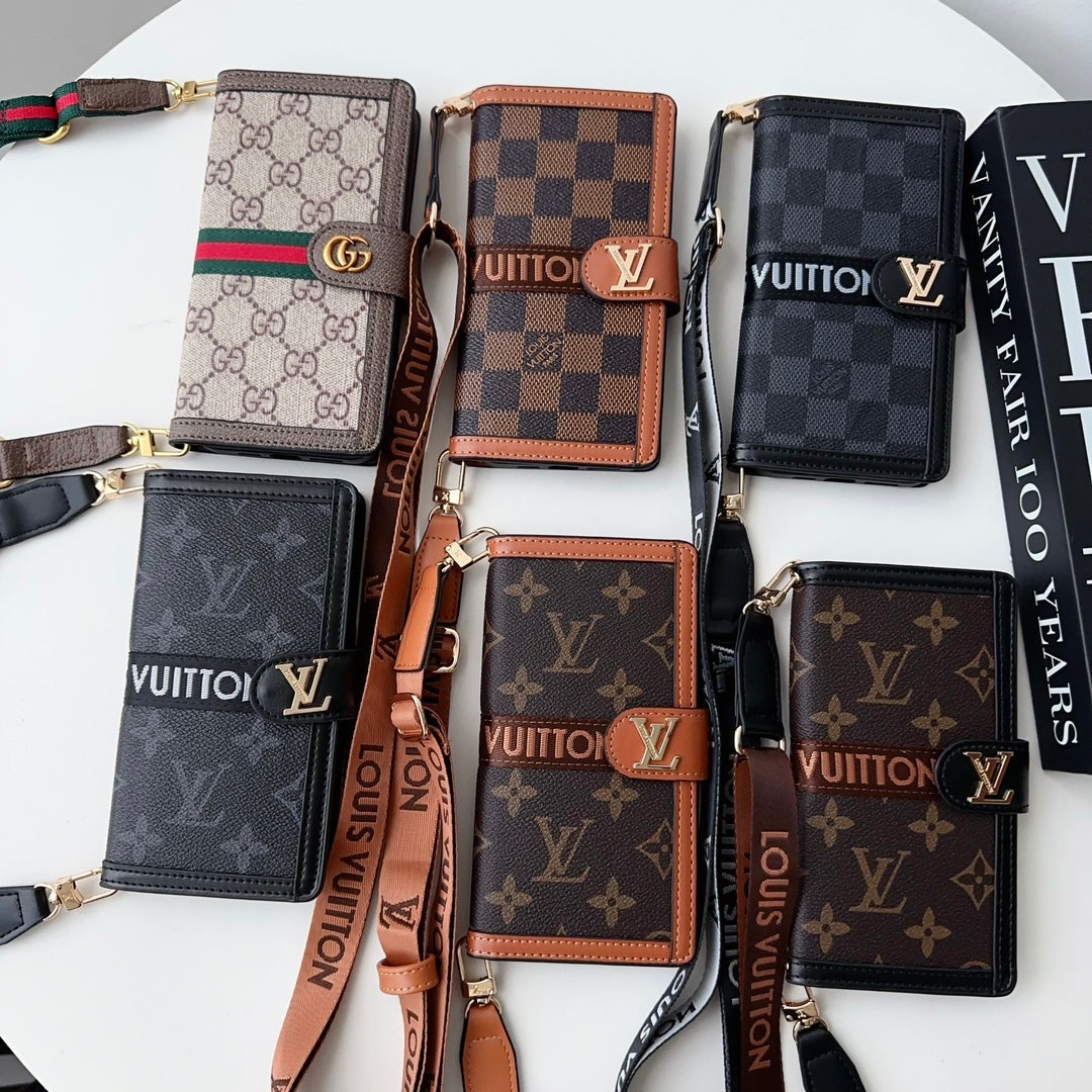 LV Crossbody Wallet Phone Case for iPhone 12-16 Pro Max Plus Black Checkered