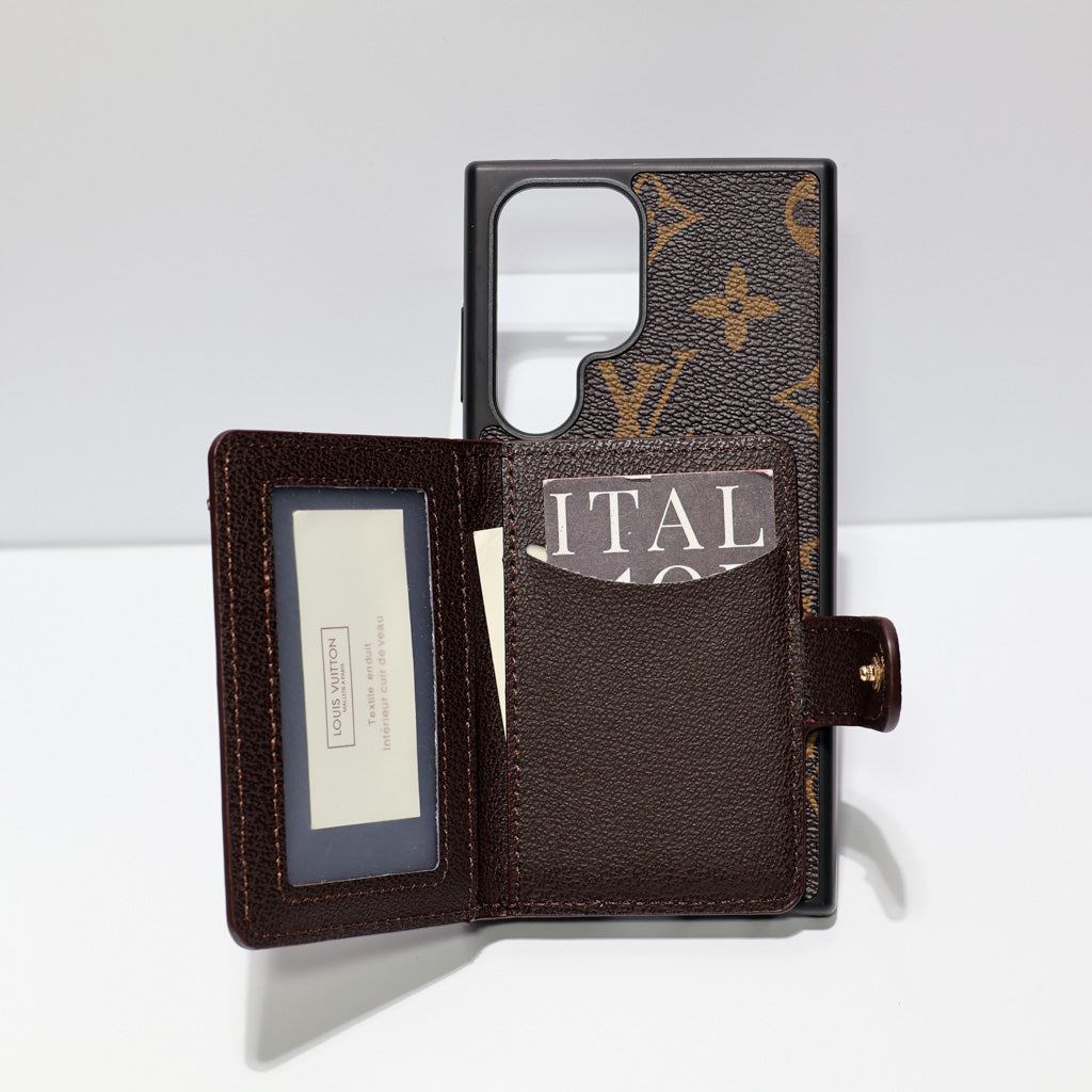Brown Monogram Leather Wallet Case for Samsung Galaxy S22-S26 Ultra