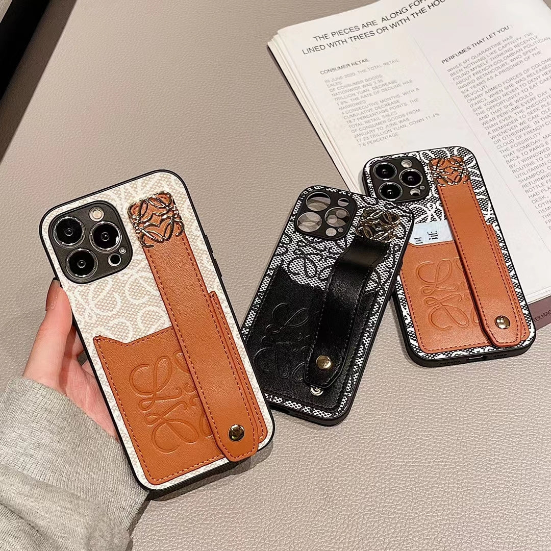 Designer TPU Phone Case With Card Holder & Hand Strap For iPhone 12-14 Pro Max