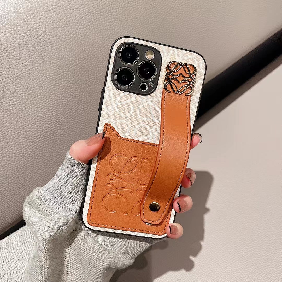 Designer TPU Phone Case With Card Holder & Hand Strap For iPhone 12-14 Pro Max