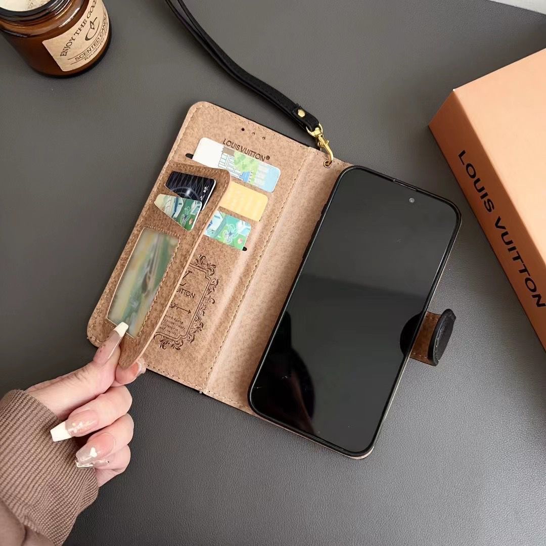 Louis Vuitton Leather Wallet Case for iPhone 12-16 Pro Max