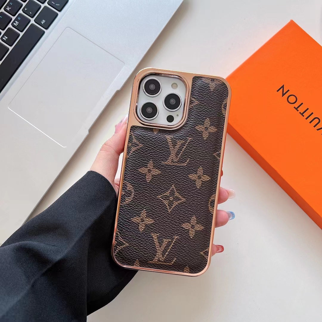 Louis Vuitton Style Leather Rhinestone Lens Case For iPhone 12-15 Pro Max