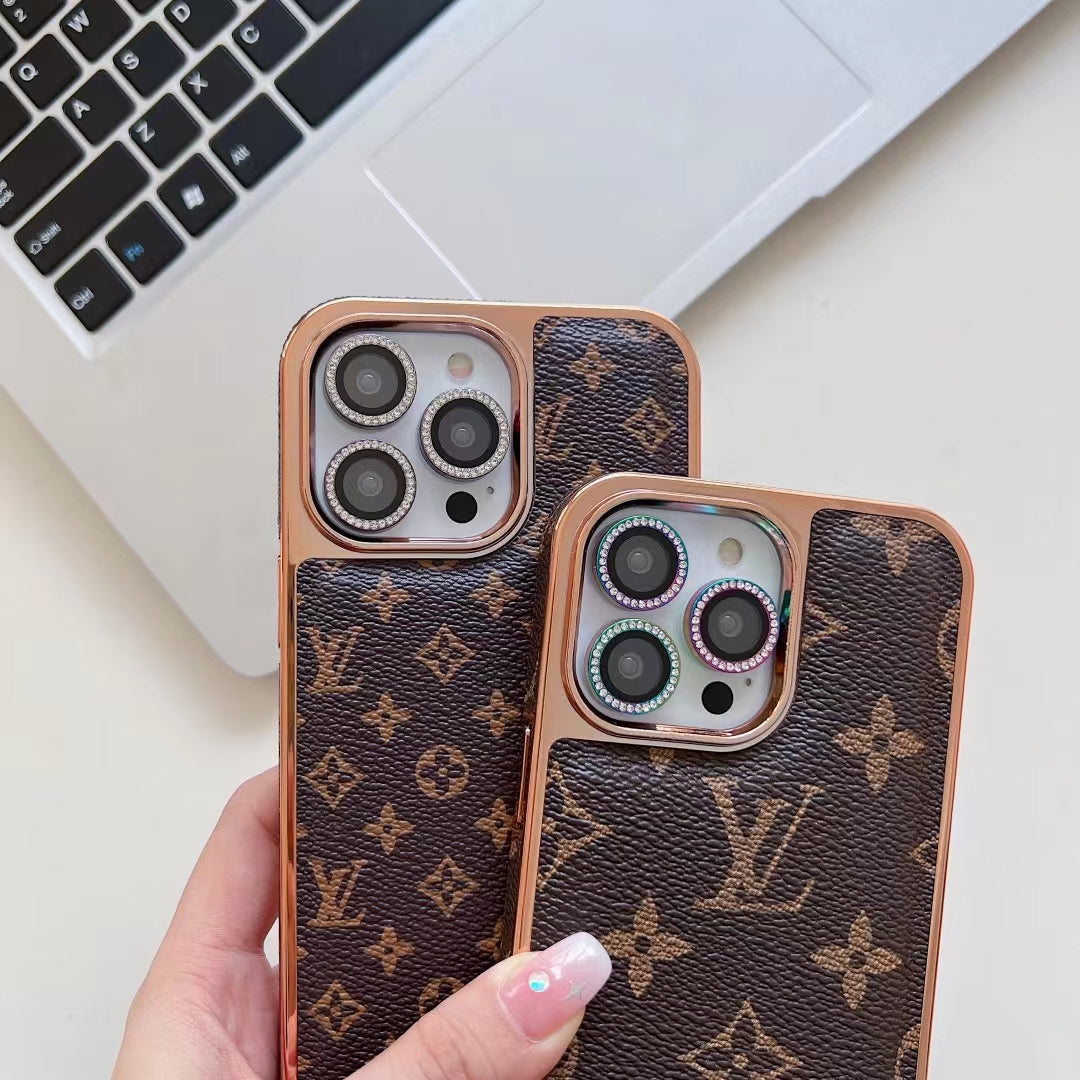 Louis Vuitton Style Leather Rhinestone Lens Case For iPhone 12-15 Pro Max