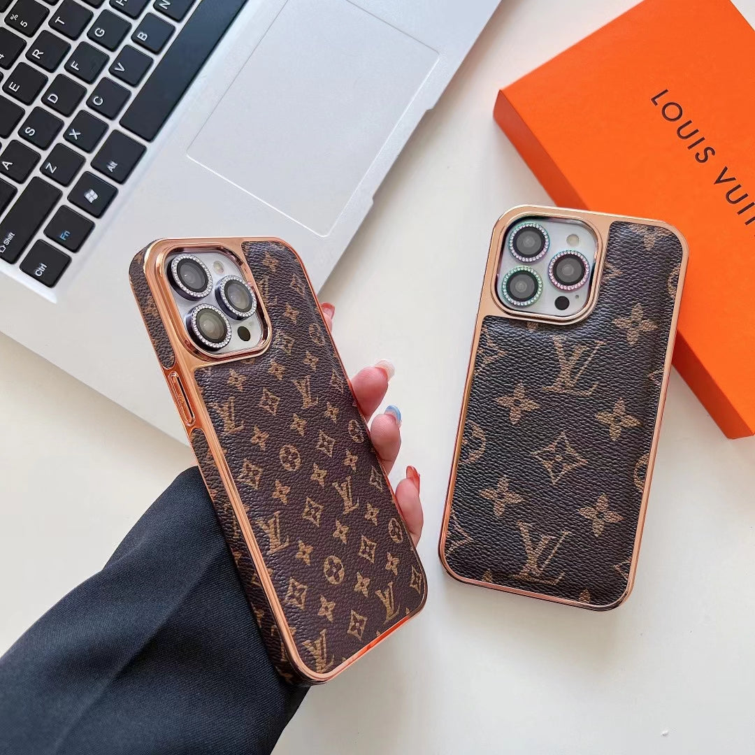 Louis Vuitton Style Leather Rhinestone Lens Case For iPhone 12-15 Pro Max
