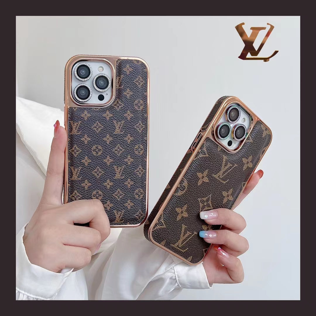 Louis Vuitton Style Leather Rhinestone Lens Case For iPhone 12-15 Pro Max