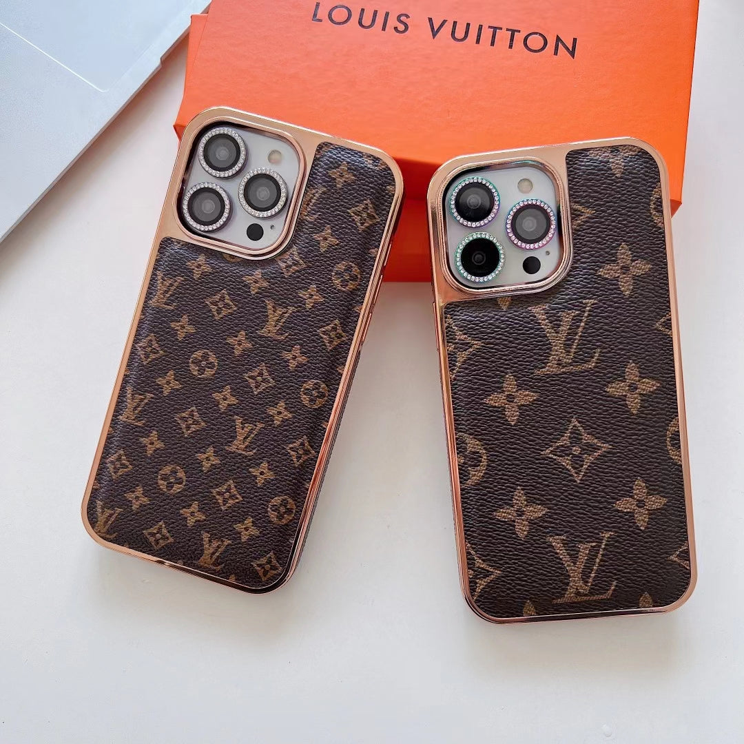 Louis Vuitton Style Leather Rhinestone Lens Case For iPhone 12-15 Pro Max
