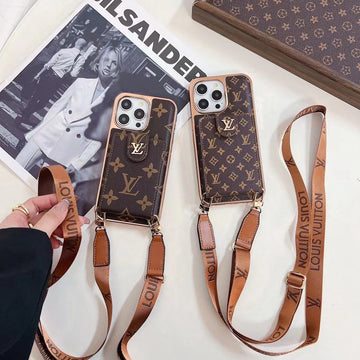 Brown Monogram Crossbody Wallet Case for iPhone 12-16 Pro Max
