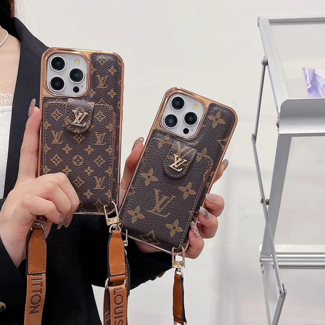 Brown Monogram Crossbody Wallet Case for iPhone 12-16 Pro Max