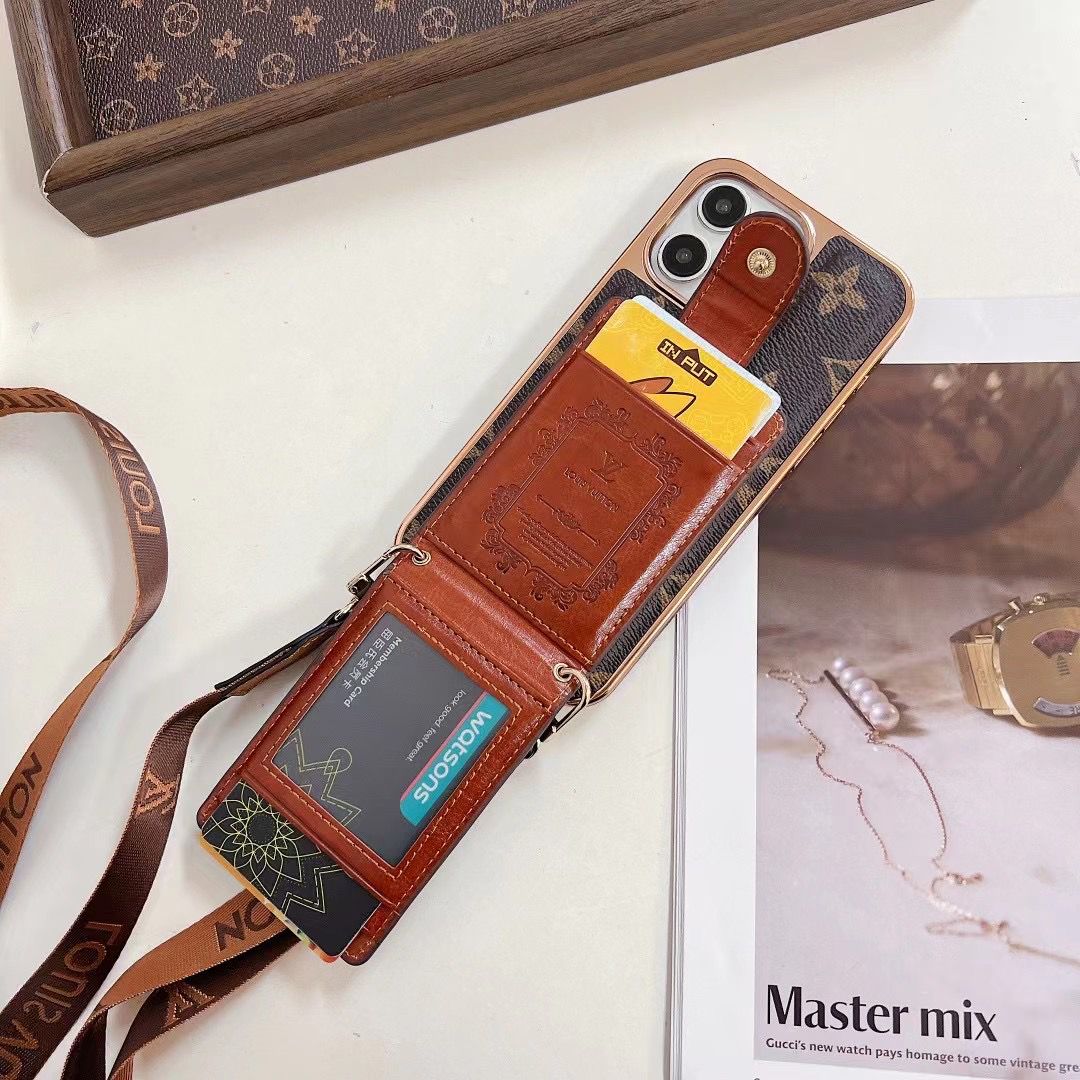 Brown Monogram Crossbody Wallet Case for iPhone 12-16 Pro Max