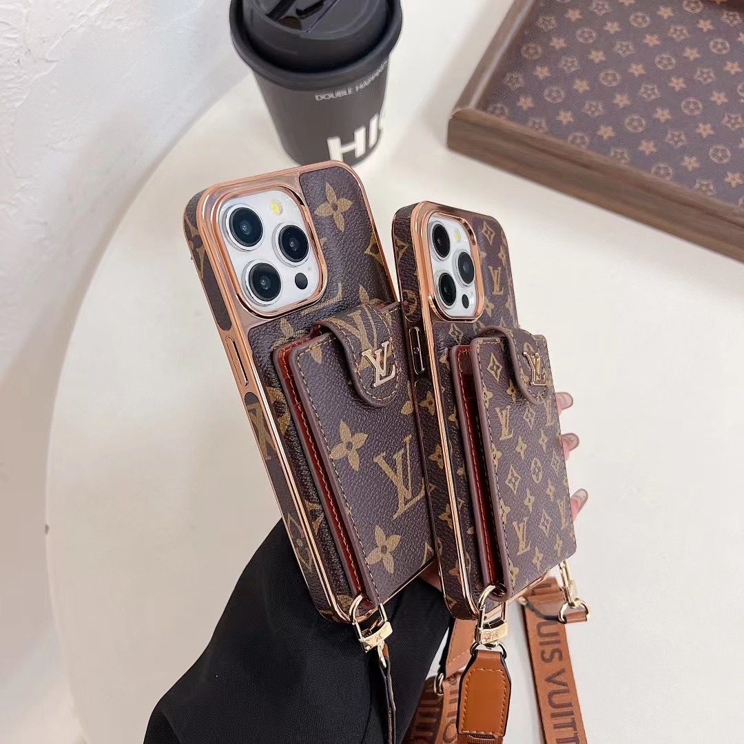 Brown Monogram Crossbody Wallet Case for iPhone 12-16 Pro Max