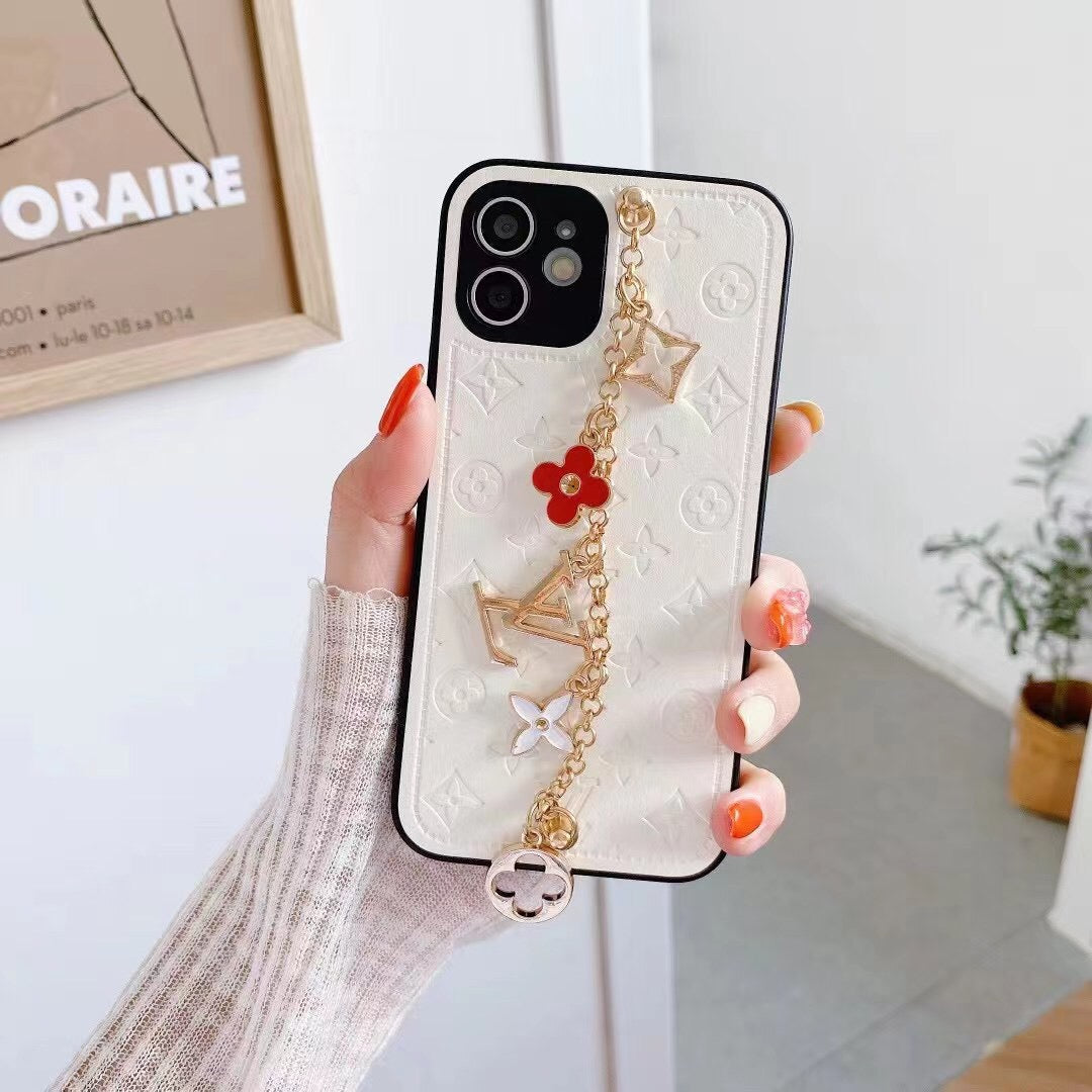 Luxury Leather Phone Case With Hand Chain & Flower Charms For iPhone 11-16 Pro Max