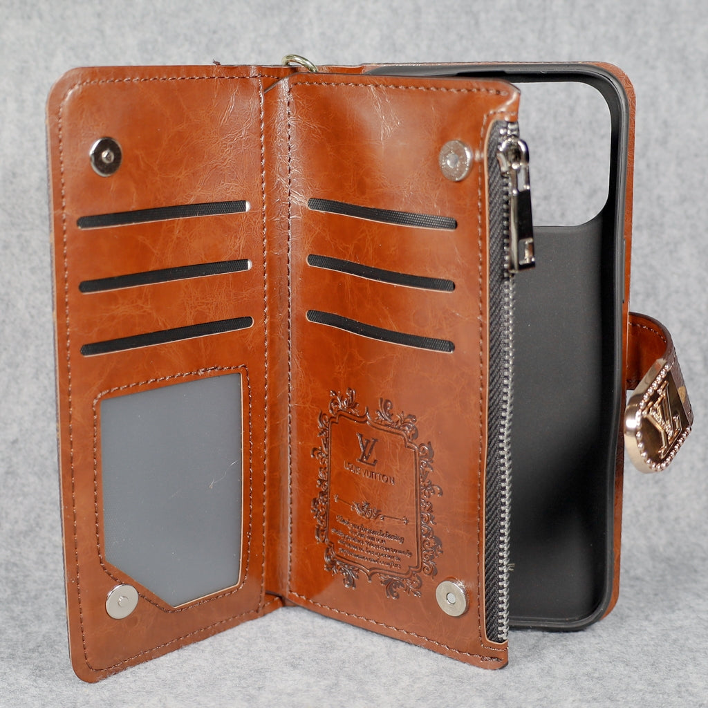 Brown Monogram LV Folio iPhone Wallet Case with Card Holder and Zipper