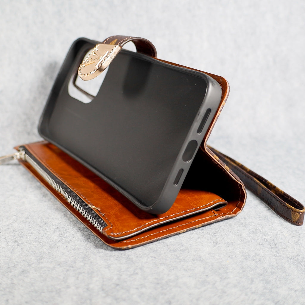 Brown Monogram LV Folio iPhone Wallet Case with Card Holder and Zipper