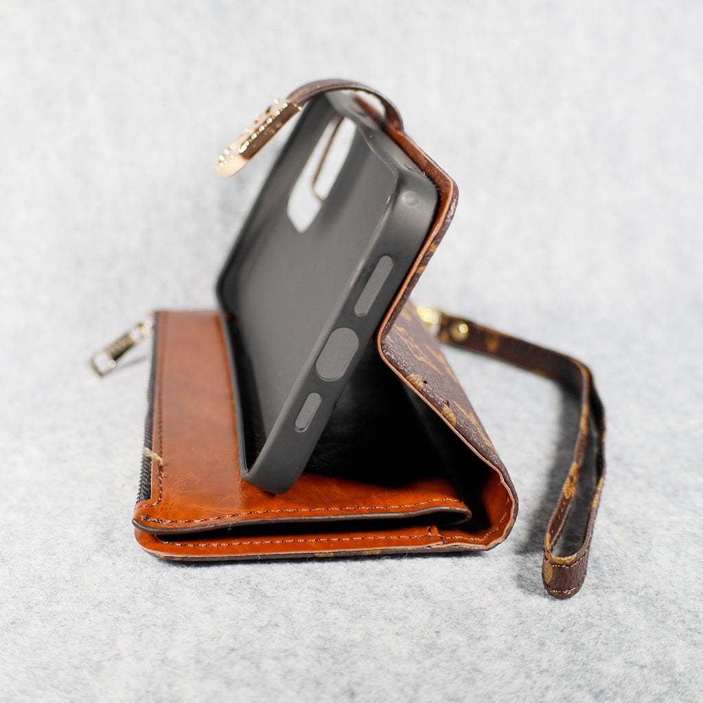 Brown Monogram LV Folio iPhone Wallet Case with Card Holder and Zipper