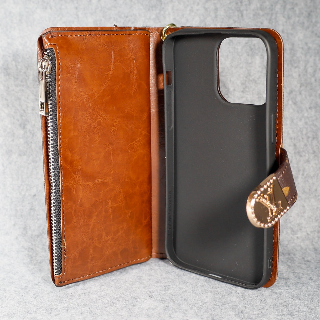 Brown Monogram LV Folio iPhone Wallet Case with Card Holder and Zipper