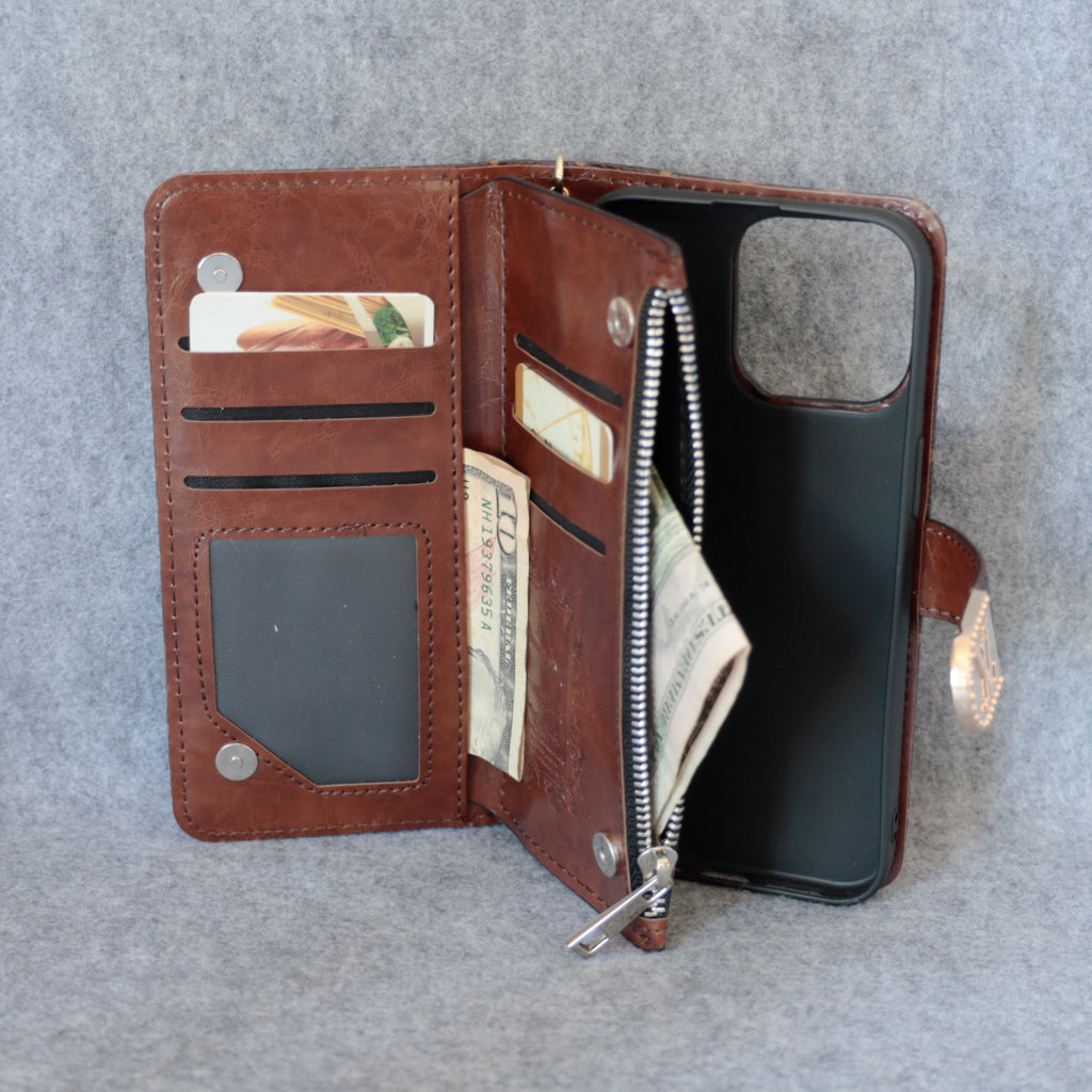 Pink Monogram Leather Wallet Case With Kickstand For iPhone 12-16 Pro Max