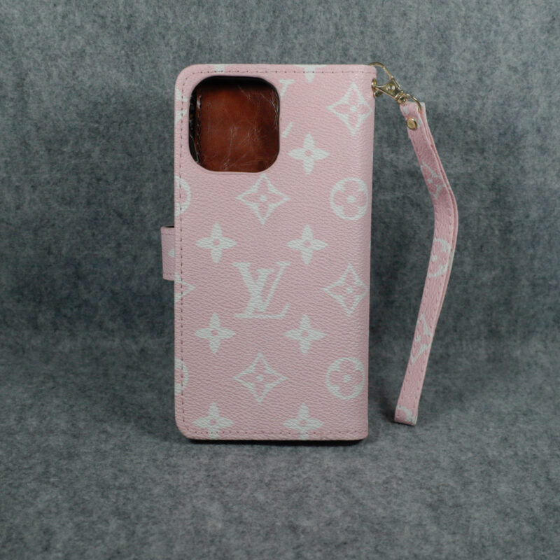 Pink Monogram Leather Wallet Case With Kickstand For iPhone 12-16 Pro Max