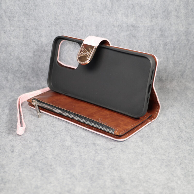 Pink Monogram Leather Wallet Case With Kickstand For iPhone 12-16 Pro Max