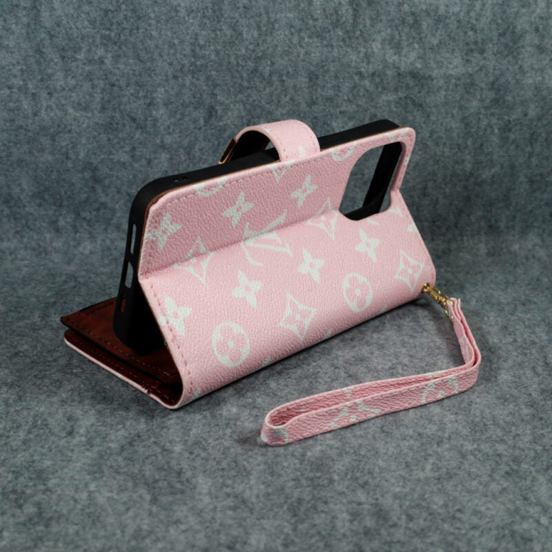 Pink Monogram Leather Wallet Case With Kickstand For iPhone 12-16 Pro Max