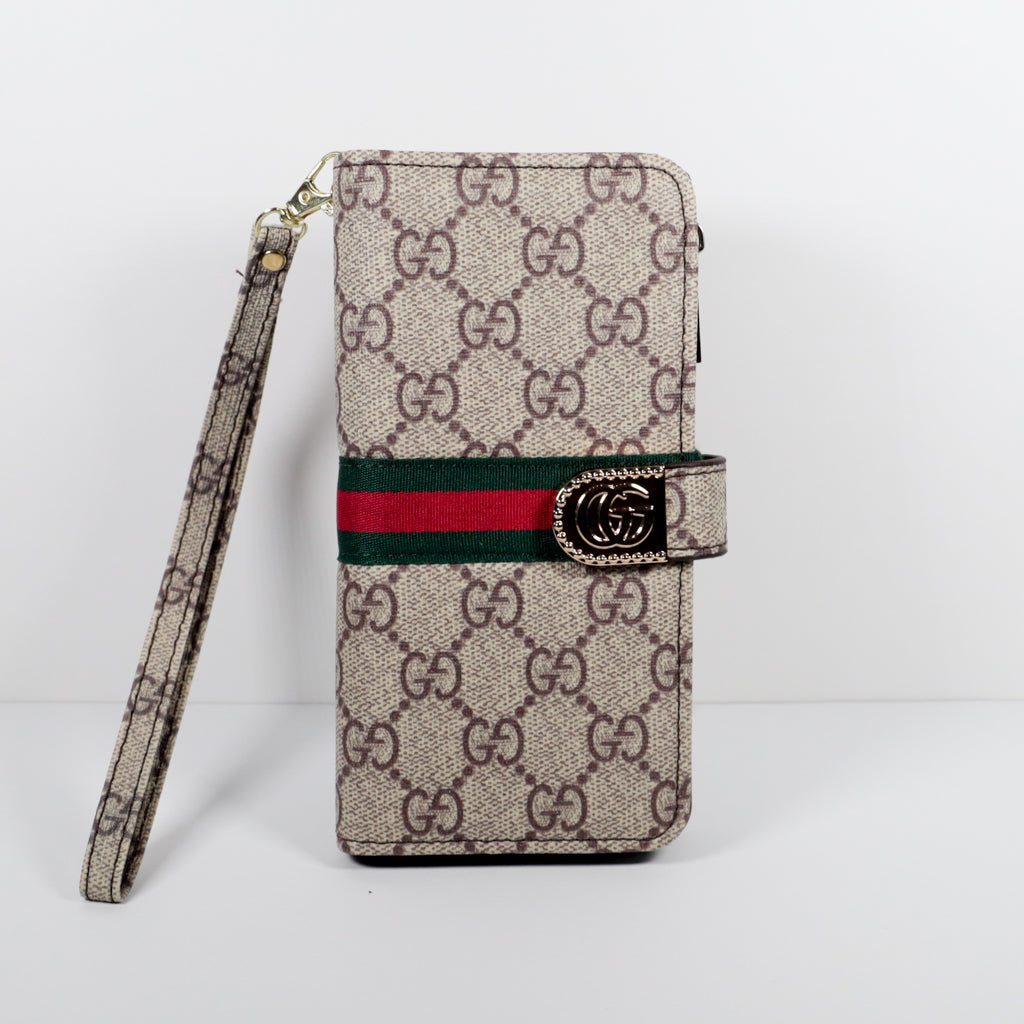 Beige Gucci Wallet Phone Case With Zipper & Kickstand For iPhone 12-16 Pro Max