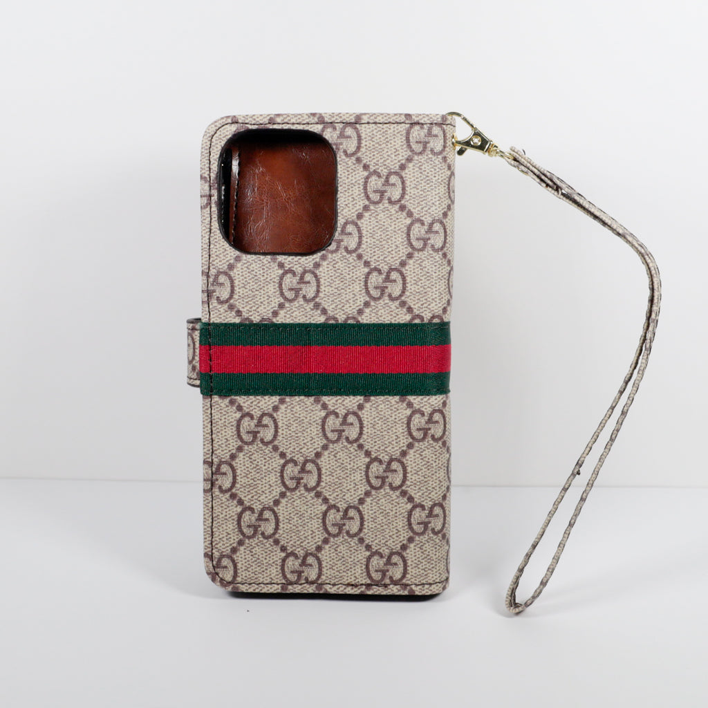 Beige Gucci Wallet Phone Case With Zipper & Kickstand For iPhone 12-16 Pro Max