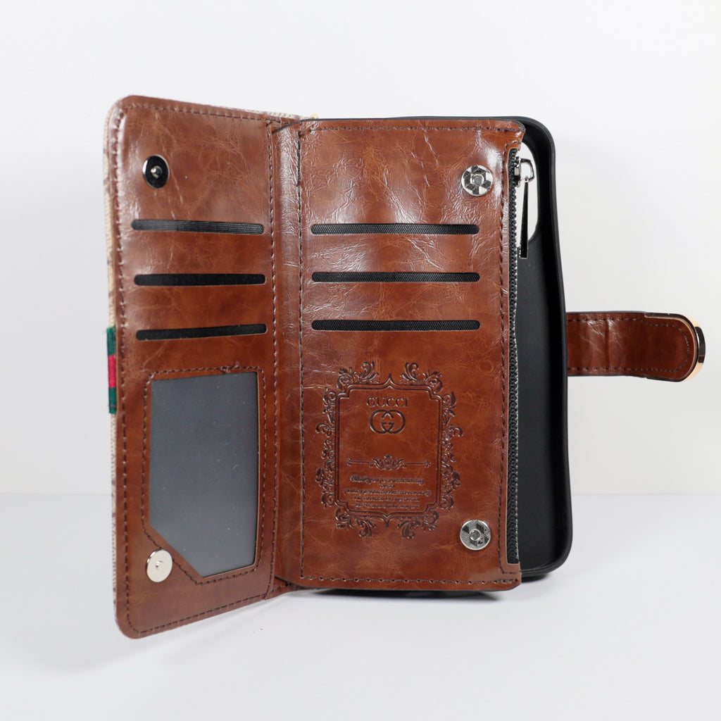 Beige Gucci Wallet Phone Case With Zipper & Kickstand For iPhone 12-16 Pro Max