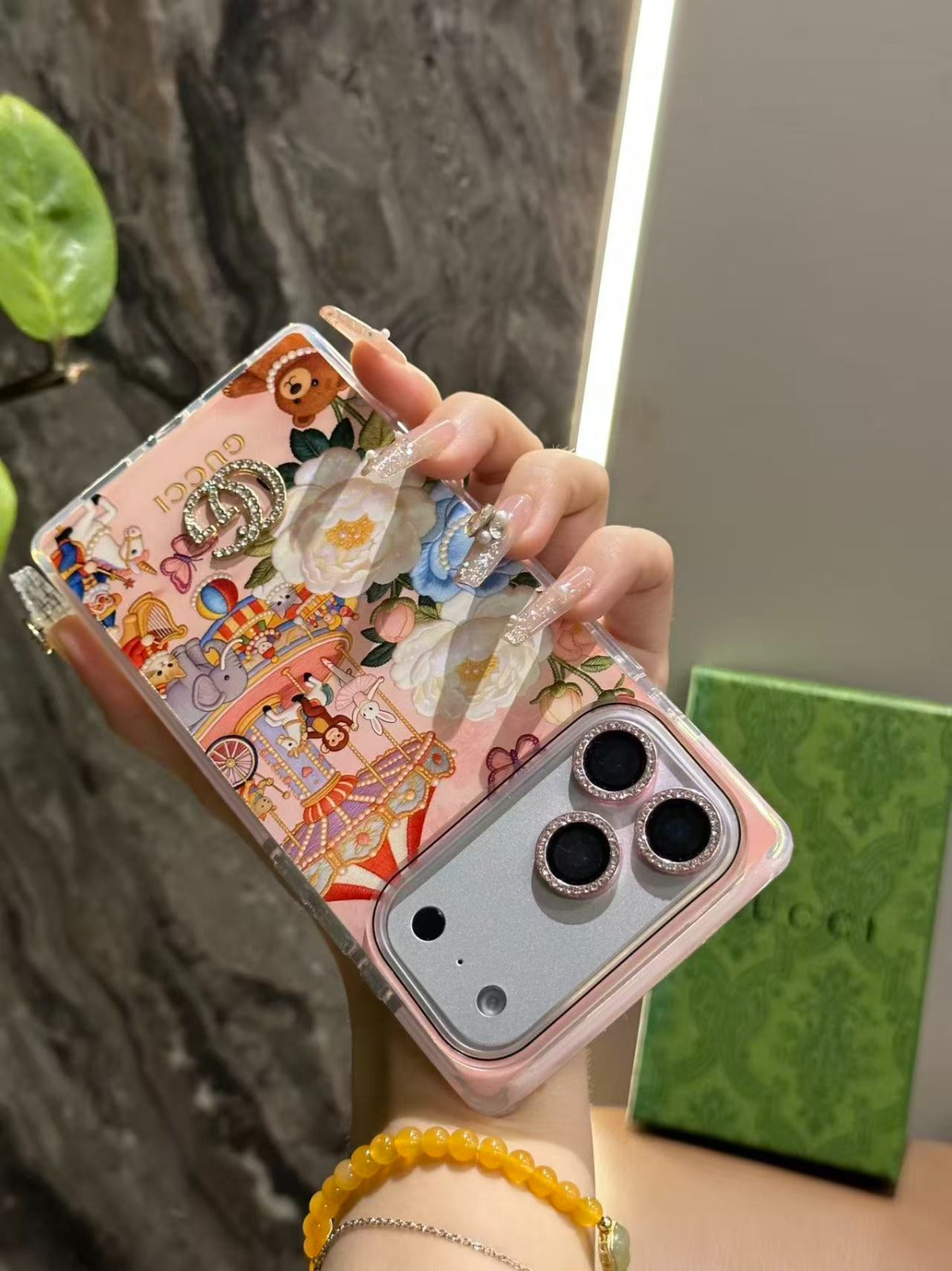 Pink Floral Carousel iPhone Case with Crystal Charm & Rhinestone Lens for iPhone 15-17 Pro Max
