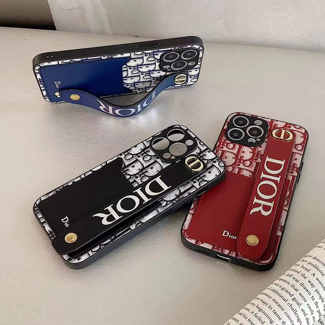 Dior Phone Case With Card Holder & Adjustable Wristband For iPhone 11-14 Pro Max