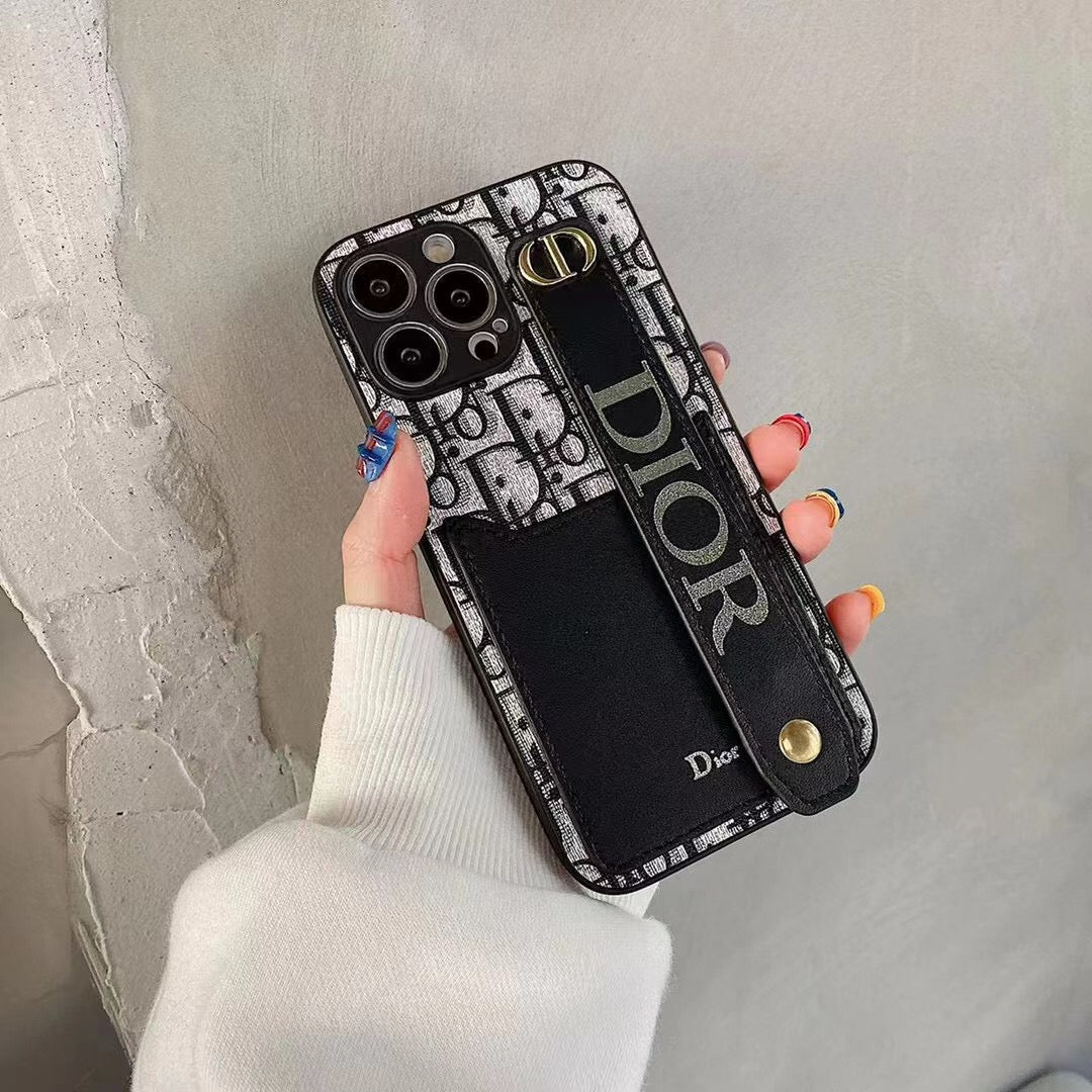 Dior Phone Case With Card Holder & Adjustable Wristband For iPhone 11-14 Pro Max