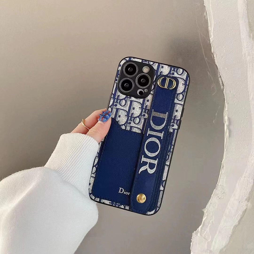 Dior Phone Case With Card Holder & Adjustable Wristband For iPhone 11-14 Pro Max