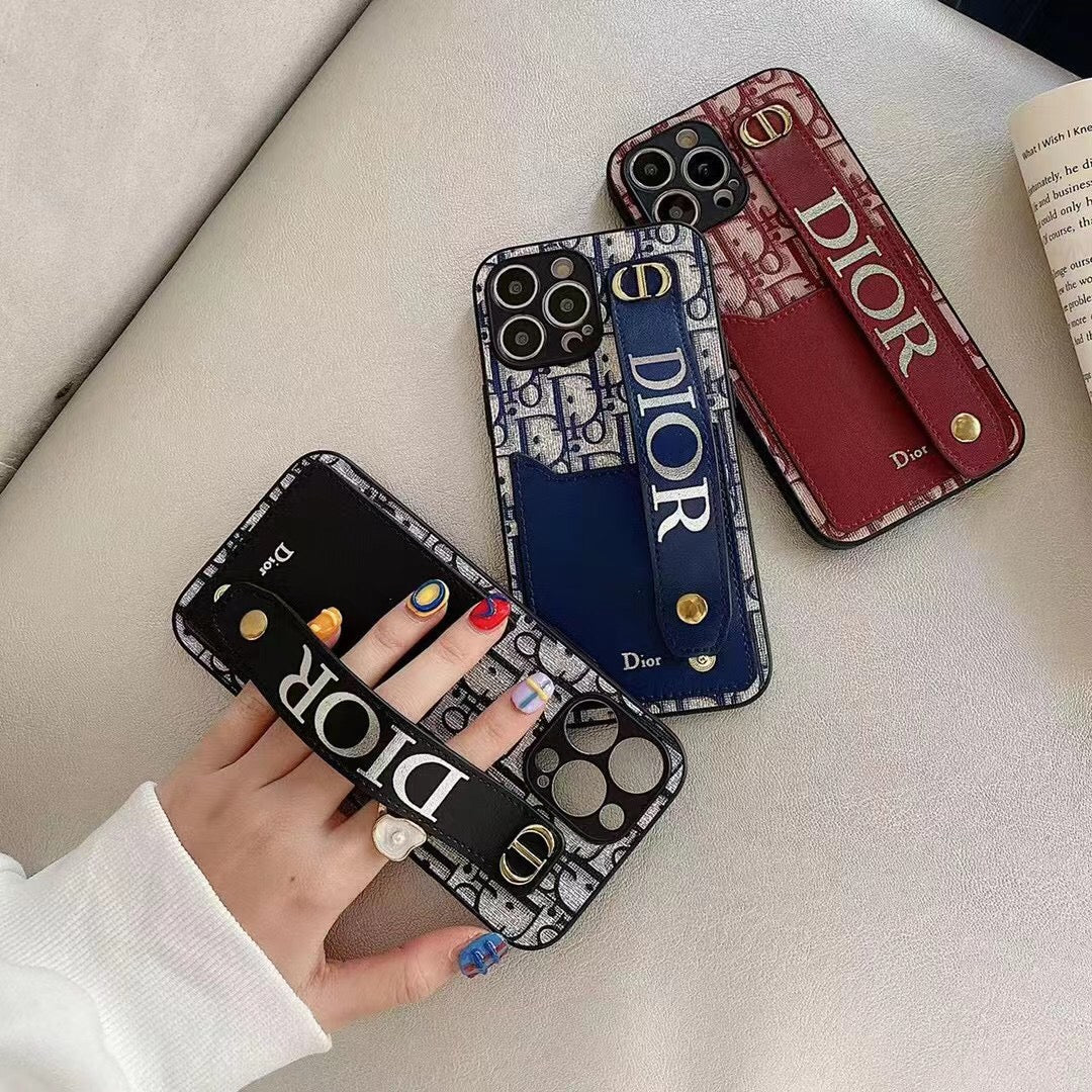 Dior Phone Case With Card Holder & Adjustable Wristband For iPhone 11-14 Pro Max
