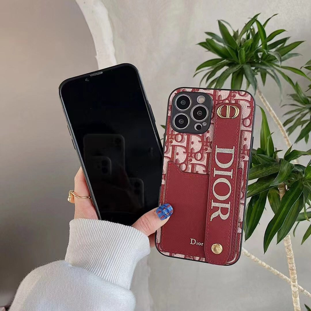 Dior Phone Case With Card Holder & Adjustable Wristband For iPhone 11-14 Pro Max