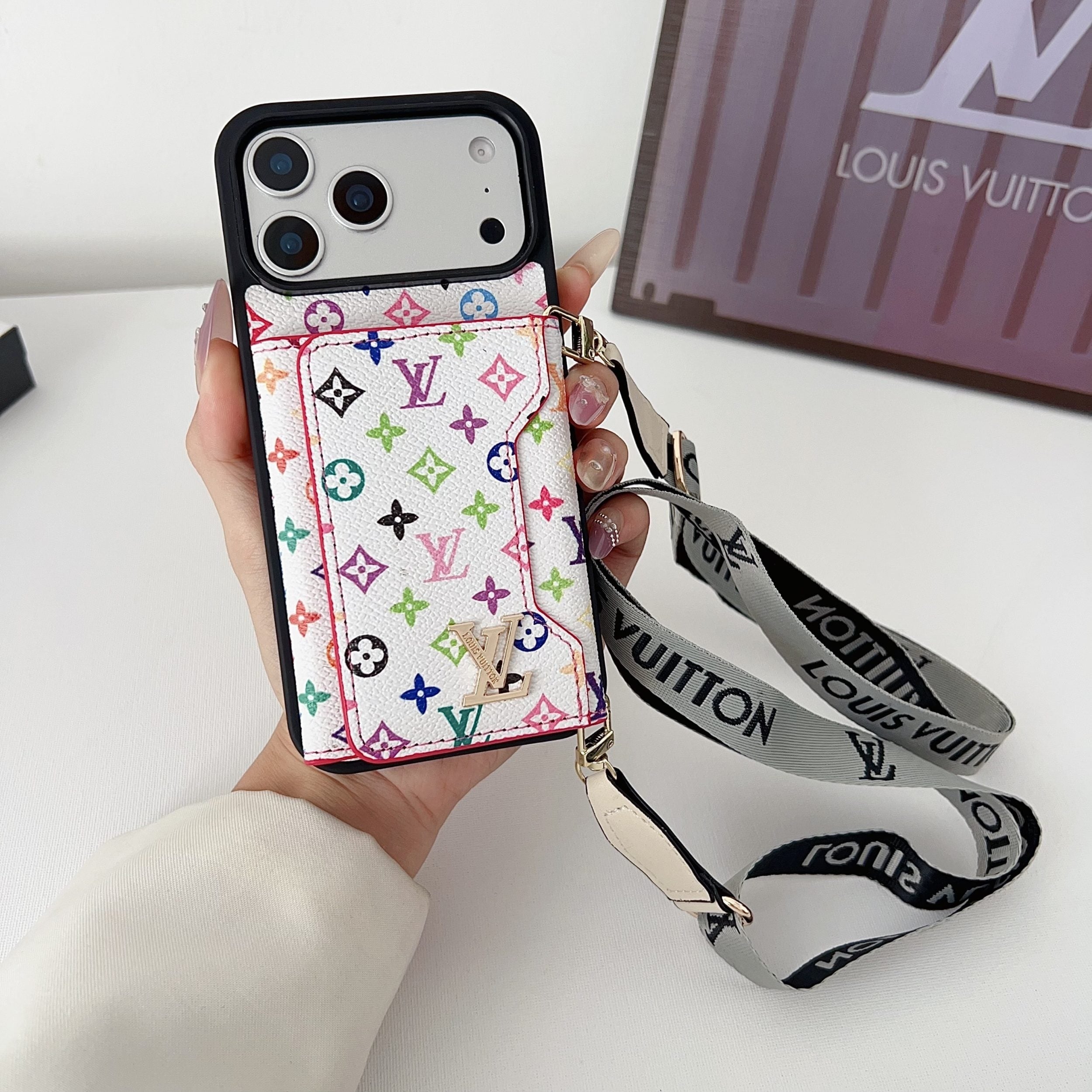 Multicolor Monogram Crossbody Wallet Case for iPhone 14-17 Pro Max