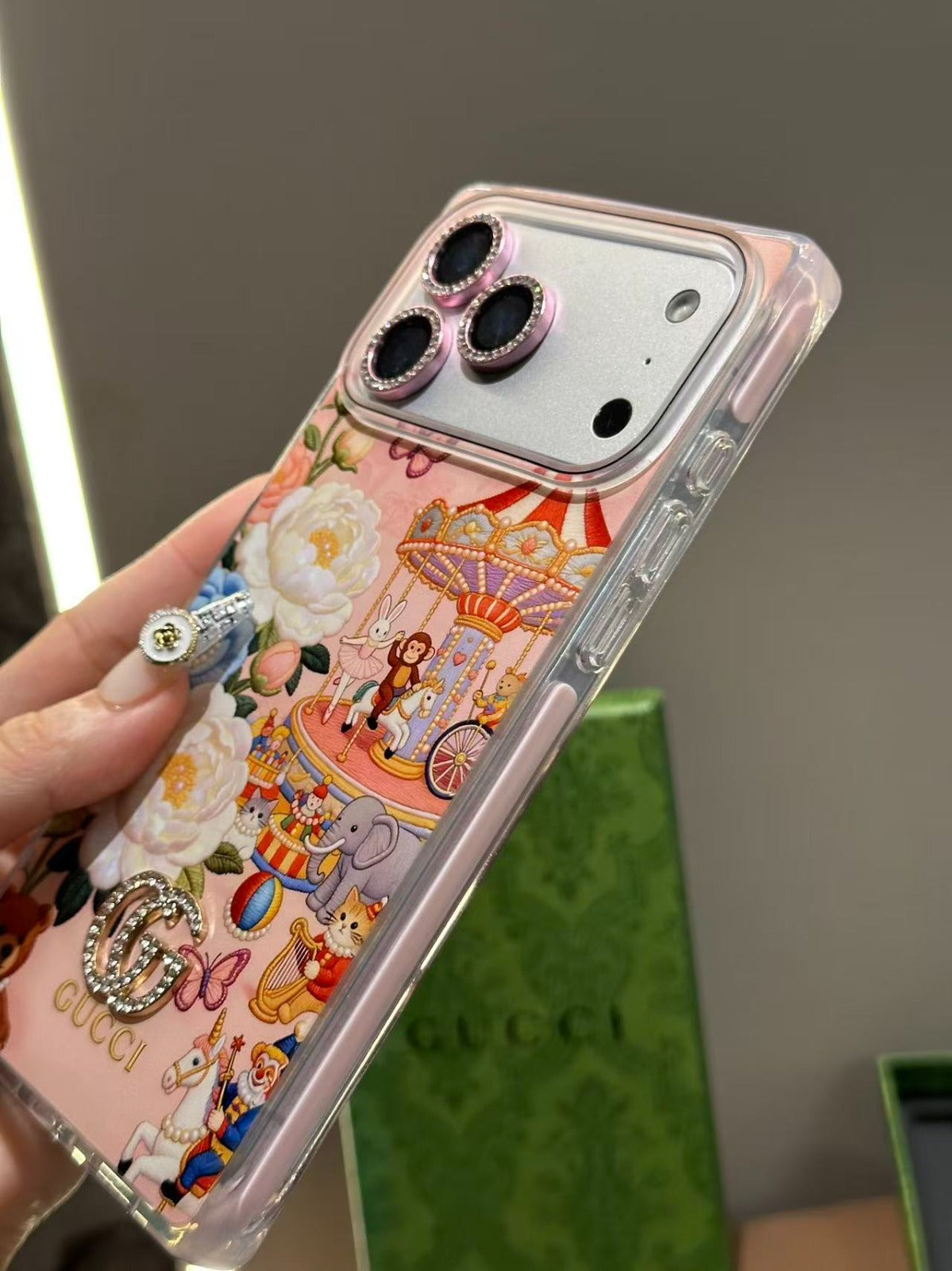 Pink Floral Carousel iPhone Case with Crystal Charm & Rhinestone Lens for iPhone 15-17 Pro Max