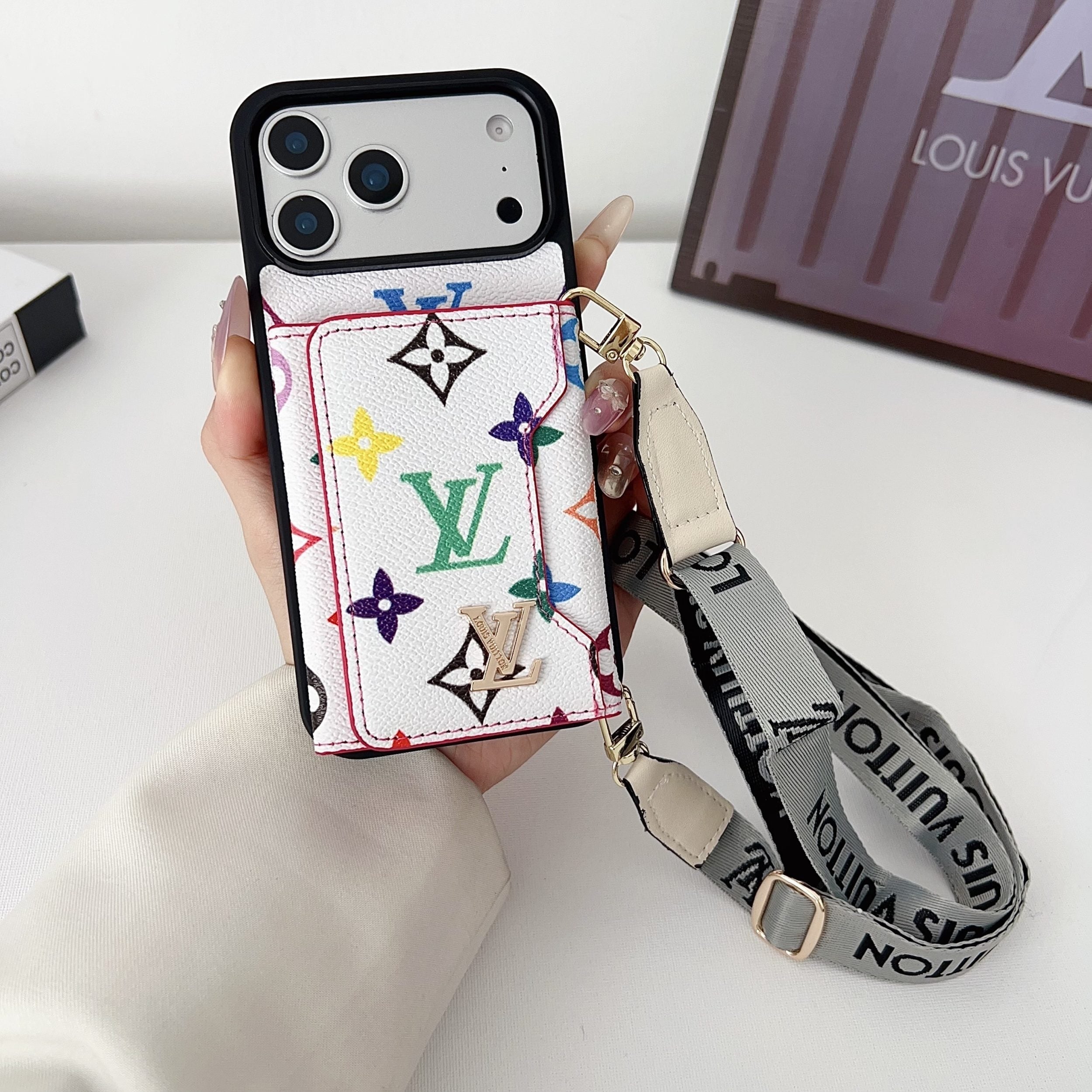 Multicolor Monogram Crossbody Wallet Case for iPhone 14-17 Pro Max