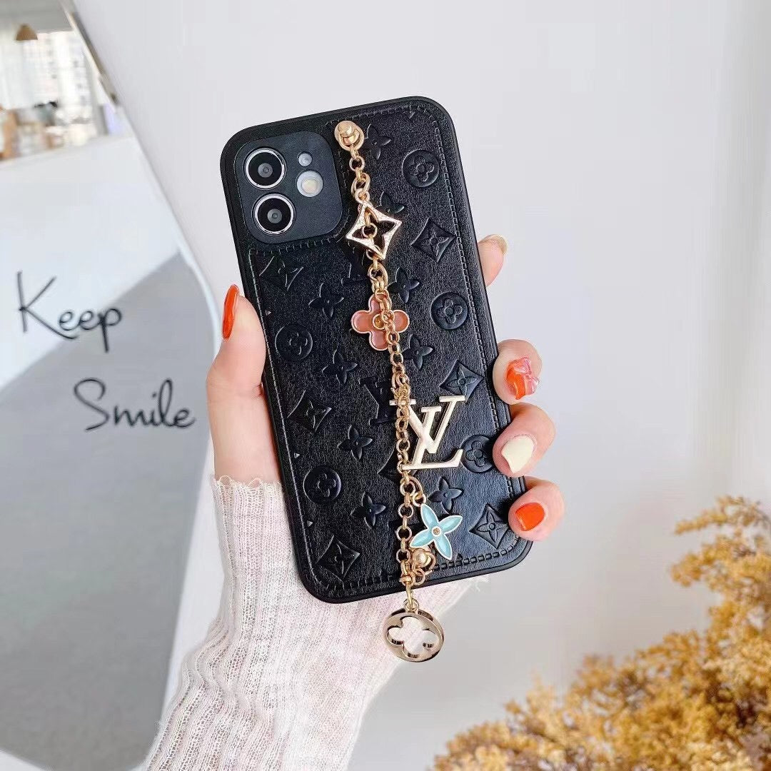 Luxury Leather Phone Case With Hand Chain & Flower Charms For iPhone 11-16 Pro Max