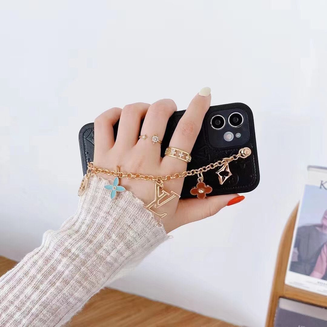 Luxury Leather Phone Case With Hand Chain & Flower Charms For iPhone 11-16 Pro Max