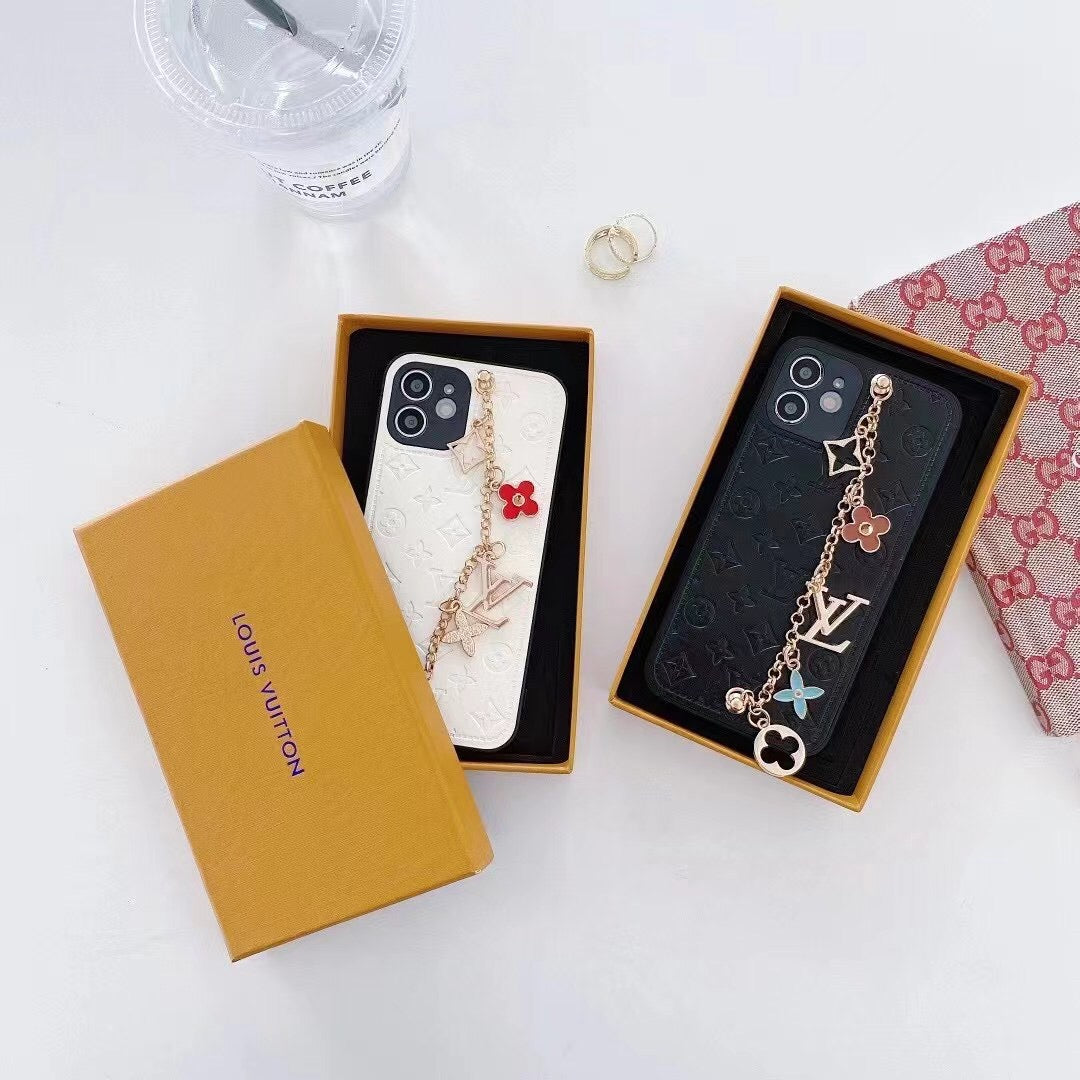 Luxury Leather Phone Case With Hand Chain & Flower Charms For iPhone 11-16 Pro Max