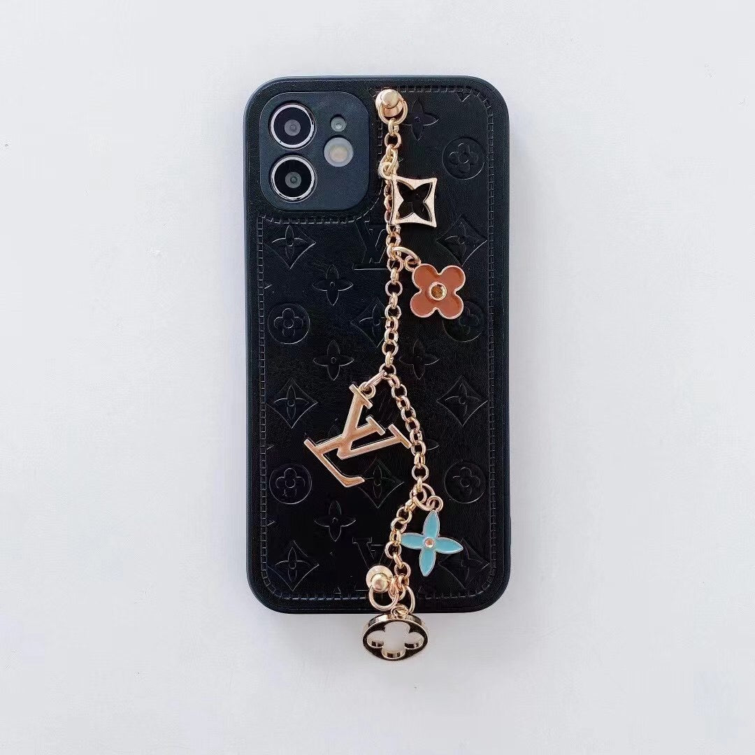 Luxury Leather Phone Case With Hand Chain & Flower Charms For iPhone 11-16 Pro Max