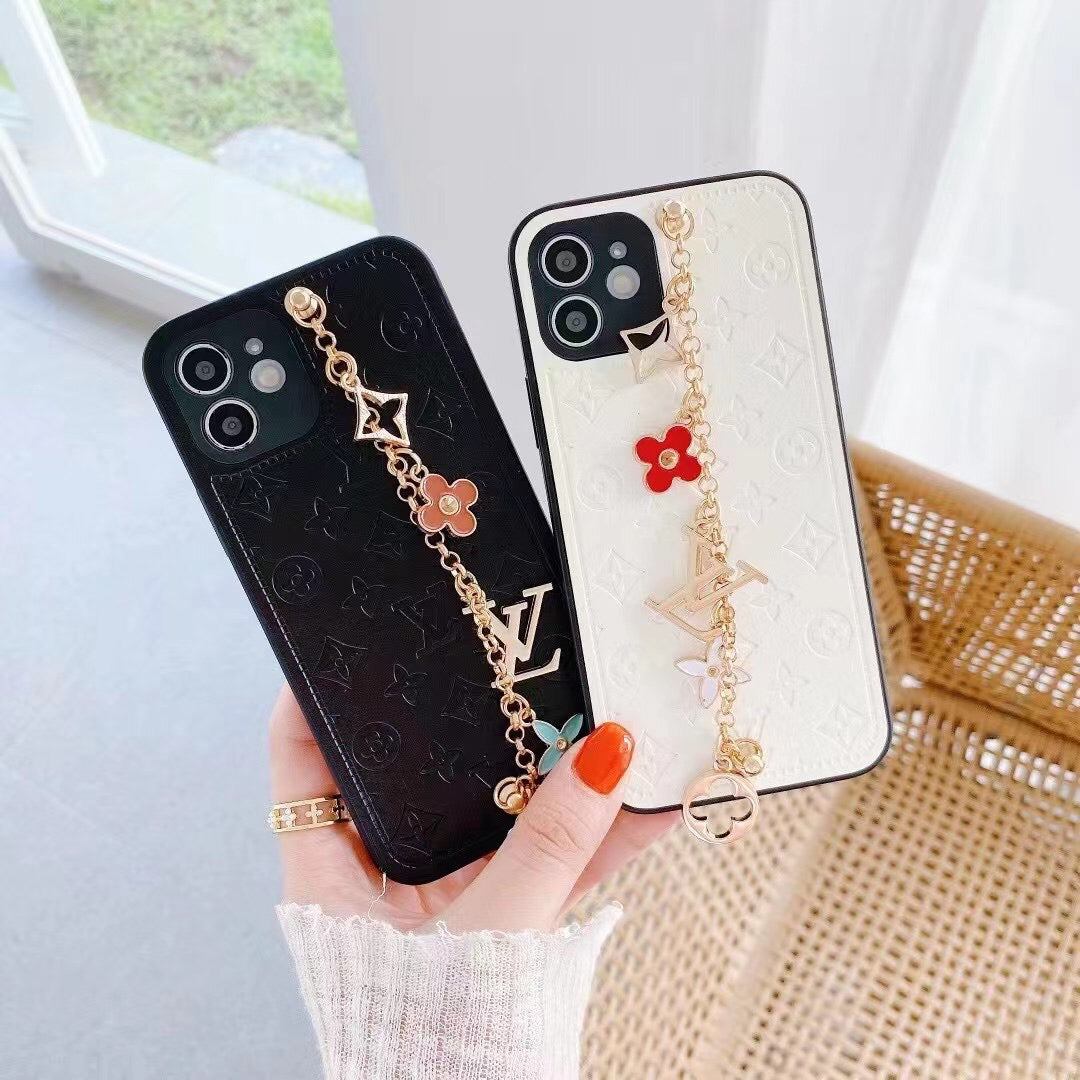 Luxury Leather Phone Case With Hand Chain & Flower Charms For iPhone 11-16 Pro Max